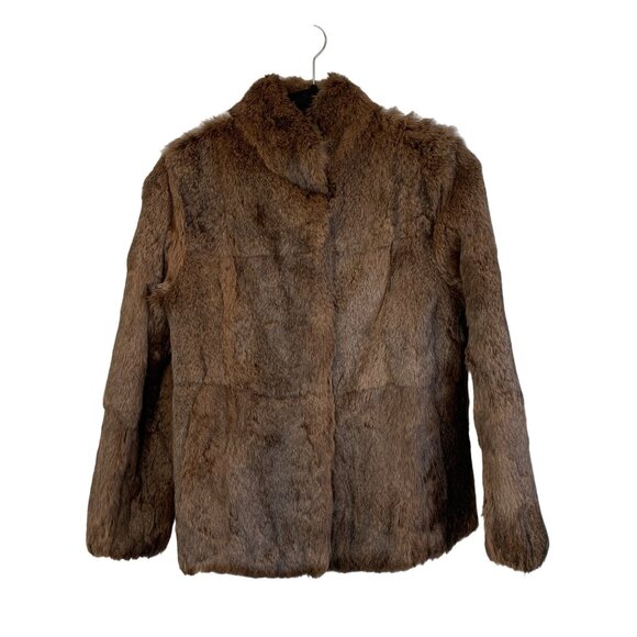 Genuine Vintage Rabbit Fur Brown Size S 6 Stand Collar Satin Lined Pockets 7019 - Picture 8 of 8